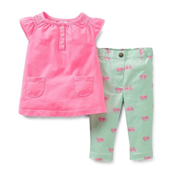 Carters Baby Girl 2-Piece Neon Pink Top & Bike Graphic Bottom Set Baby Size 6M - Picture 1 of 9